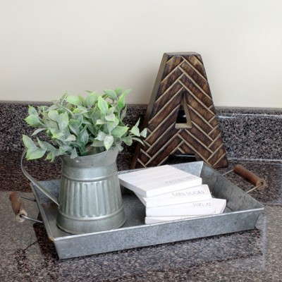 Silver Galvanized Rectangular Trays with Wooden Handles, Set of 2