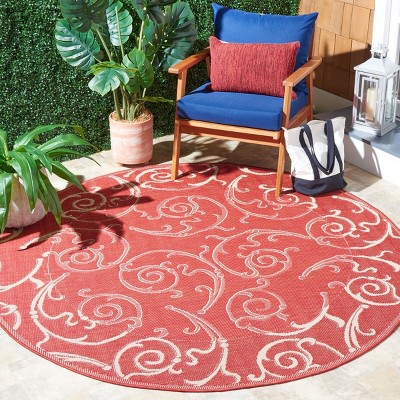 Vibrant Red Floral Vine Scroll 6'7" Round Indoor/Outdoor Rug