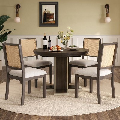 YOOCOZZ 5-Piece Solid Wood Double-Layer Extendable Round Dining Table Set