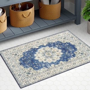 Boho Farmhouse Washable Area Rug - Large Neutral Floral Vintage Non-Slip Carpet for Living Room, Bedroom, Nursery, Playroom & Office - 1 of 4