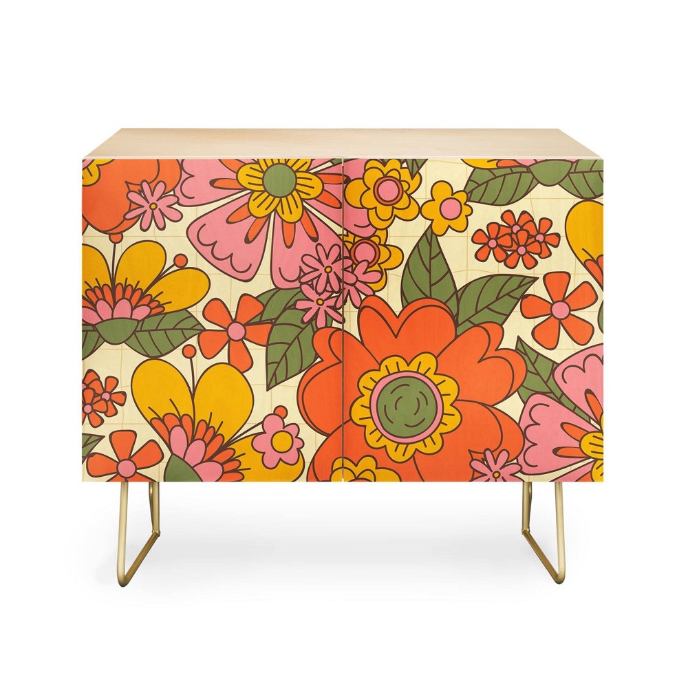 ThirtyOne Illustrations Spring in Retro Credenza Birch/Gold - Deny Designs: Bohemian Style, Adjustable Shelves