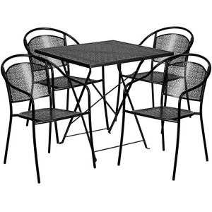 Flash Furniture Oia Commercial Grade 28" Square Indoor-Outdoor Steel Folding Patio Table Set with 4 Round Back Chairs - 1 of 4