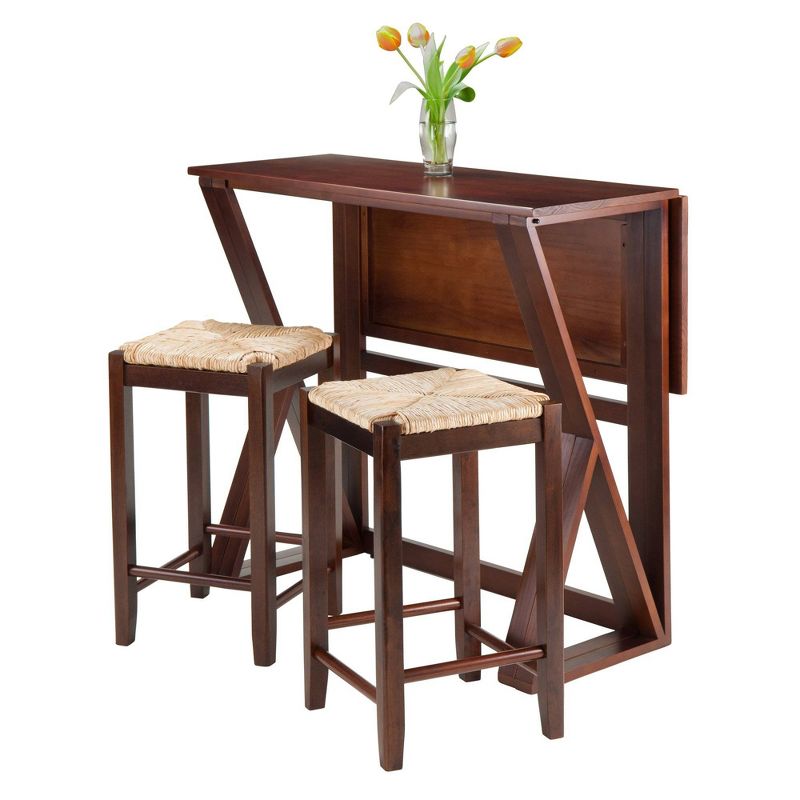 3pc Harrington Counter Height Drop Leaf Dining Table Set with Rush Seat Stool Wood/Brown - Winsome, 3 of 12