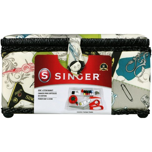 Singer Large Sewing Basket With Sewing Kit Vintage Spools Print