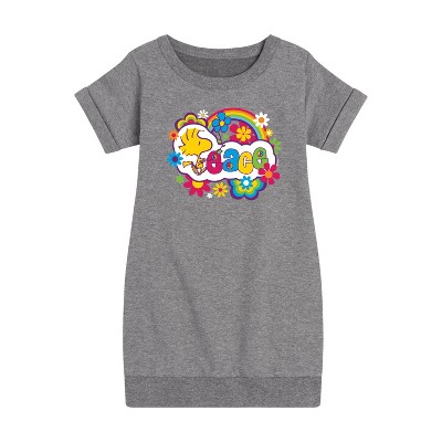 - Peanuts - Peace Floral & Colorful Woodstock Graphic Short Sleeve Fleece Dress