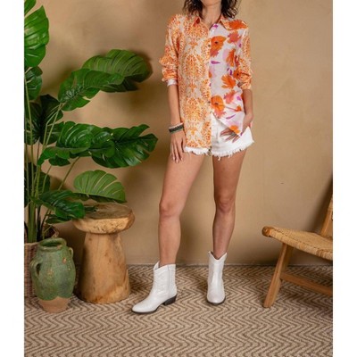 Women's Voile Mix Print Button Front Shirt - PAPARAZZI