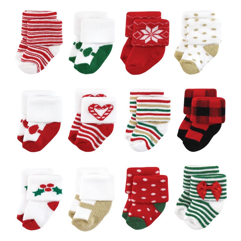 Hudson Baby Infant Girls Cotton Rich Newborn and Terry Socks, 12 Days Of Christmas Girl, 1 of 9