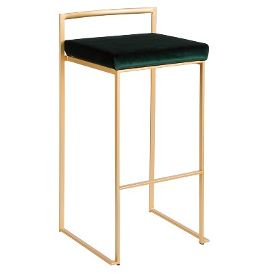 Fuji Gold Metal Barstool with Green Velvet Cushion, Set of 2