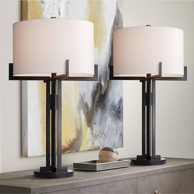 Set of 2 Black Metal Industrial Table Lamps with White Shades