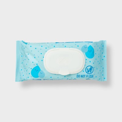 A pack of wipes in light blue colored packaging with a white plastic lid and "DO NOT FLUSH" text.