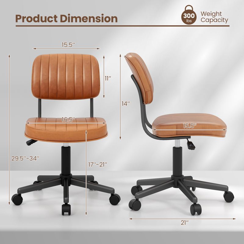 Costway 2PCS PU Leather Office Chair Adjustable Swivel Task Chair with Backrest Brown/Black/Orange/Green, 4 of 11