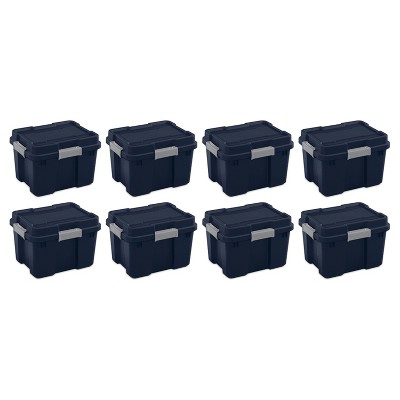 Sterilite 20 Gallon Heavy Duty Plastic Gasket Tote Stackable Storage Container Box with Lid and Latches for Home, Blue Cove/Gray (8 Pack)