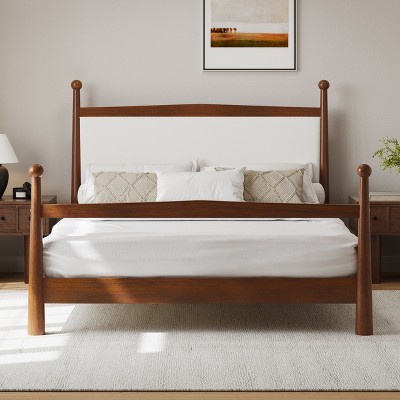 Queen/King Size Platform Bed with Upholstered Headboard in Boucle, Brown/Natural-ModernLuxe