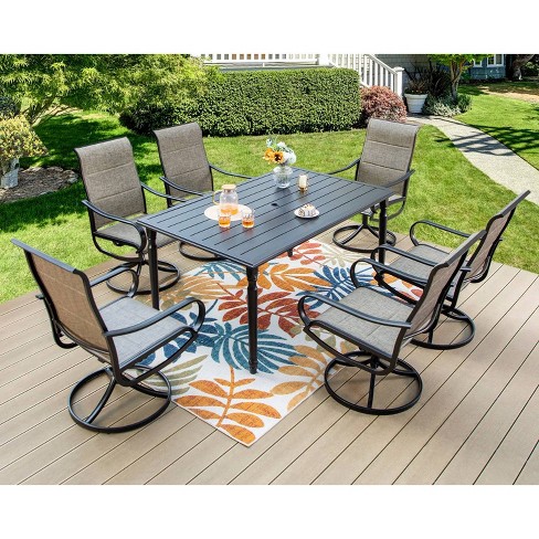 7pc Outdoor Dining Set With Steel Rectangle Table With Umbrella Hole