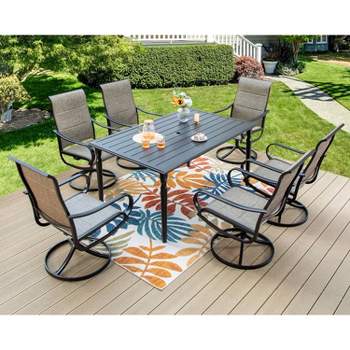 7pc Outdoor Dining Set with Steel Rectangle Table with Umbrella Hole & Padded Swivel Chairs - Captiva Designs