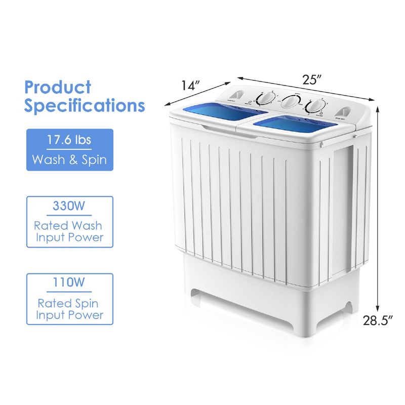 Costway Portable Mini Compact Twin Tub 20lb Washing Machine Washer Spin Dryer, 3 of 11