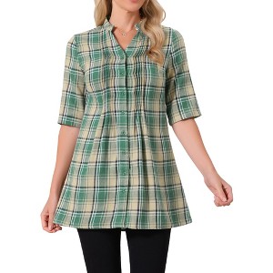 INSPIRE CHIC Women's Vintage Button Down V Neck Elbow Sleeve Christmas Plaid Casual Tunic Blouse - 1 of 4