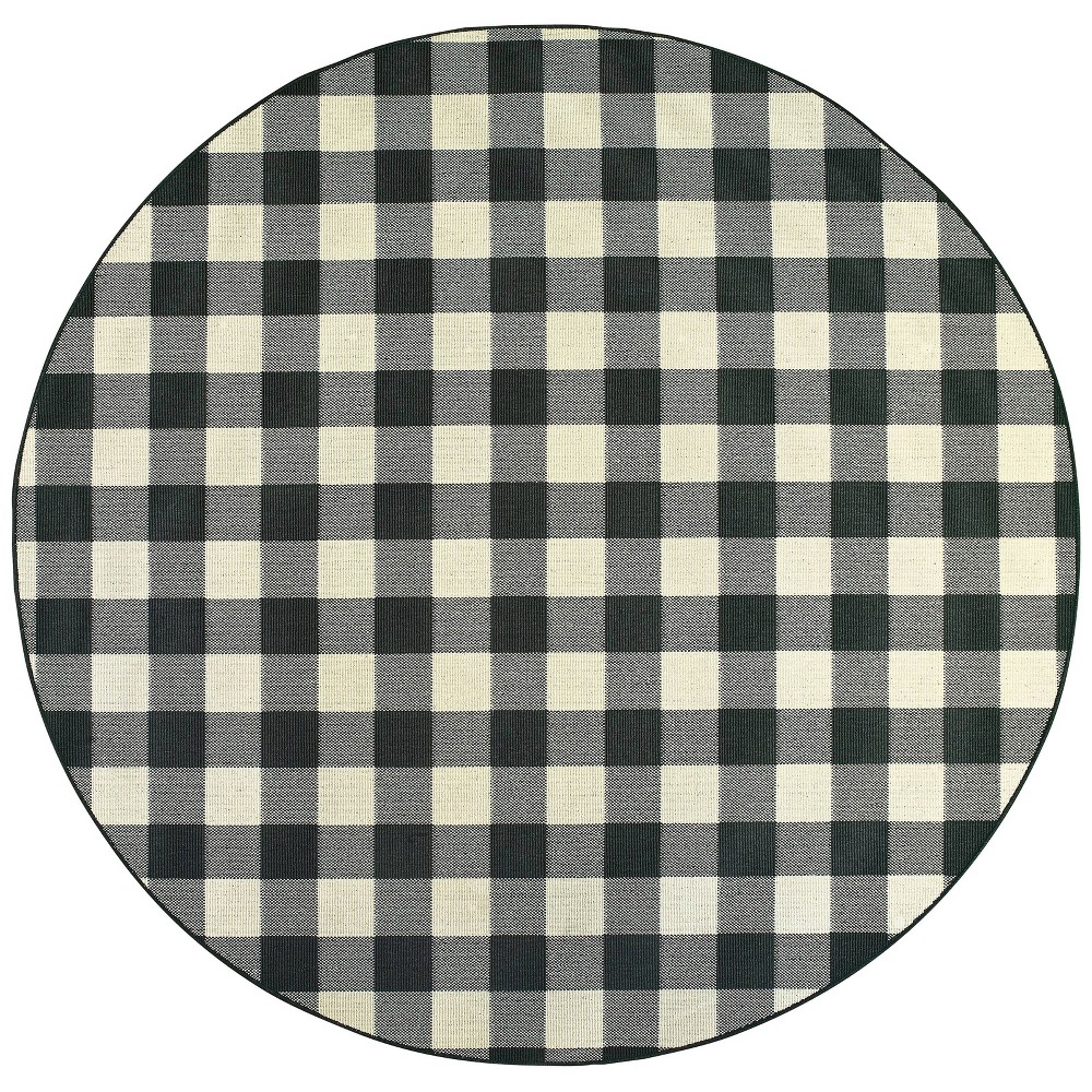 7'10in Round Madeline Plaid Check Patio Rug Black/Ivory