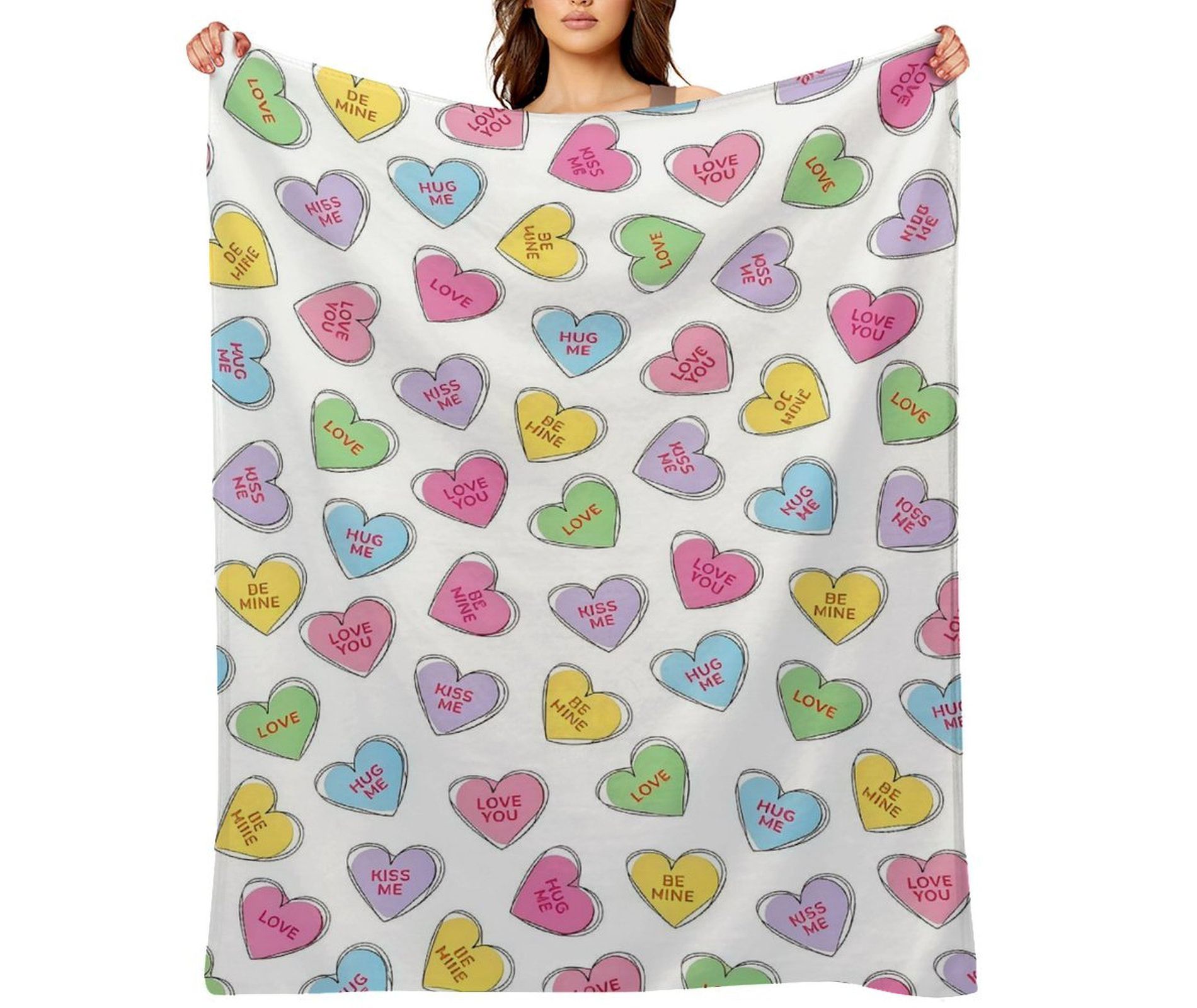 Valentine's Day Hand-Painted Candy Heart Flannel Throw Blanket, Ultra Soft Plush, Romantic Gift for Women, Cozy for Bed Sofa Home 60x80 inches