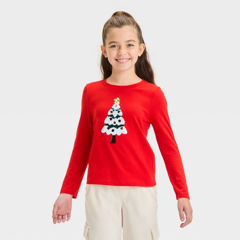 Girls Long Sleeve Flip Sequin christmas Tree T shirt Cat Jack Red M Target