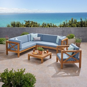 Christopher Knight Home Daniel Outdoor  5 Piece Acacia Wood Sectional Set with Water-Resistant Cushions - 1 of 4