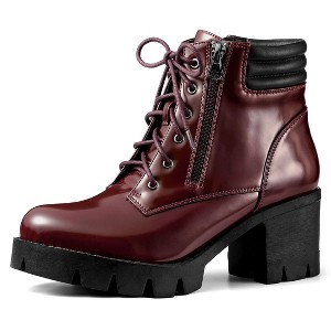 BLISSFUL STEP Women's Round Toe Chunky Heel Lug Sole Lace Up Zipper Combat Boots - 1 of 4