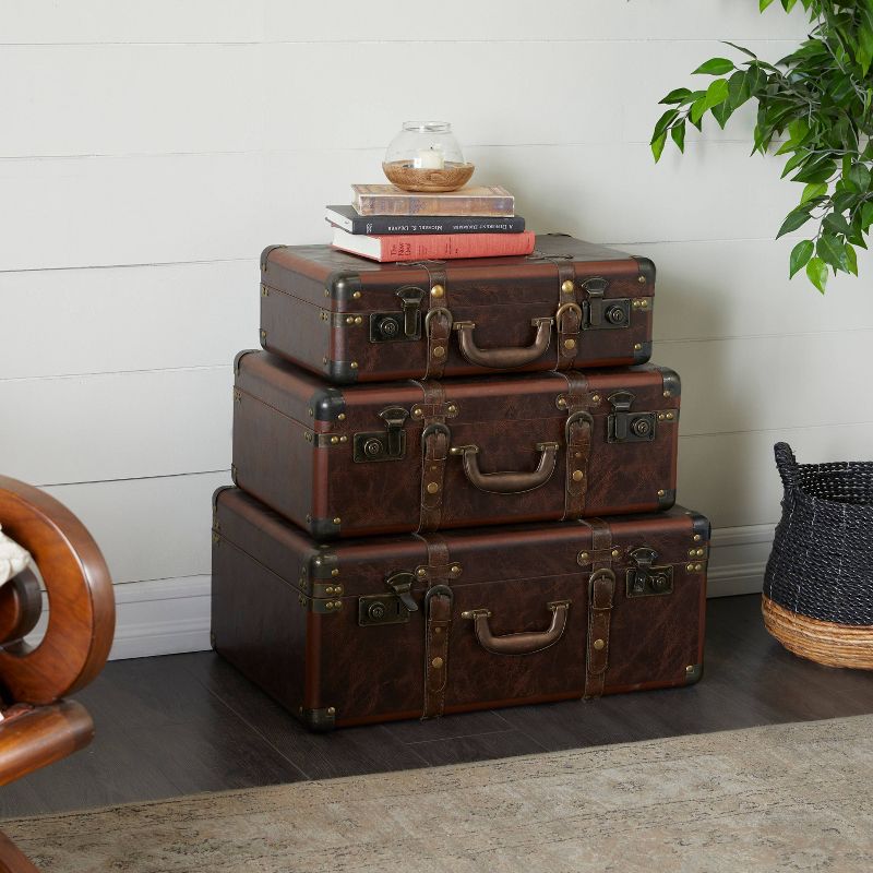 Set of 3 Vintage Real Leather and Wood Trunks Brown - Olivia &#38; May, 1 of 33