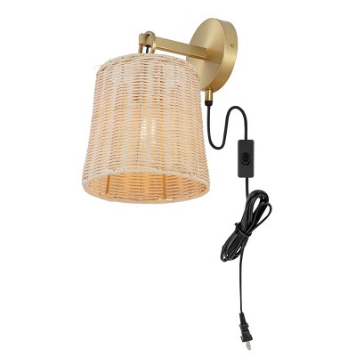 Elegant Brass and Rattan 10" Plug-In Wall Sconce Set
