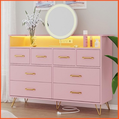Homhougo Dresser for Bedroom with LED Light & Charging Station, 8 Drawers Wooden Dressers with Open Space Pink