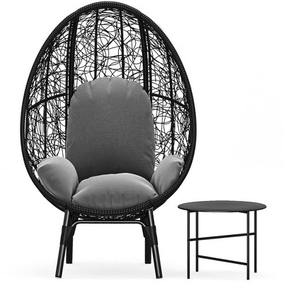 Patio Wicker Egg Chair with Black Color Rattan Grey Cushion and Side Table