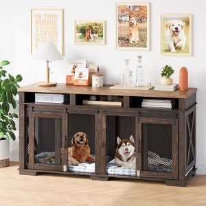 71" Double Dog Crate Furniture for 2 Dogs - XL TV Stand with 3 Storage Drawers,Removable Divider & Sliding Barn Door,Dark Walnut+Light Oak - 1 of 4