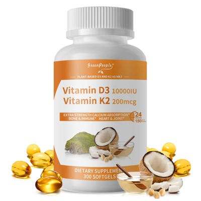 GreenPeople D3 K2 Vitamin Softgels Supplement - Vegan, Gluten Free and Non-GMO - 300 Ct