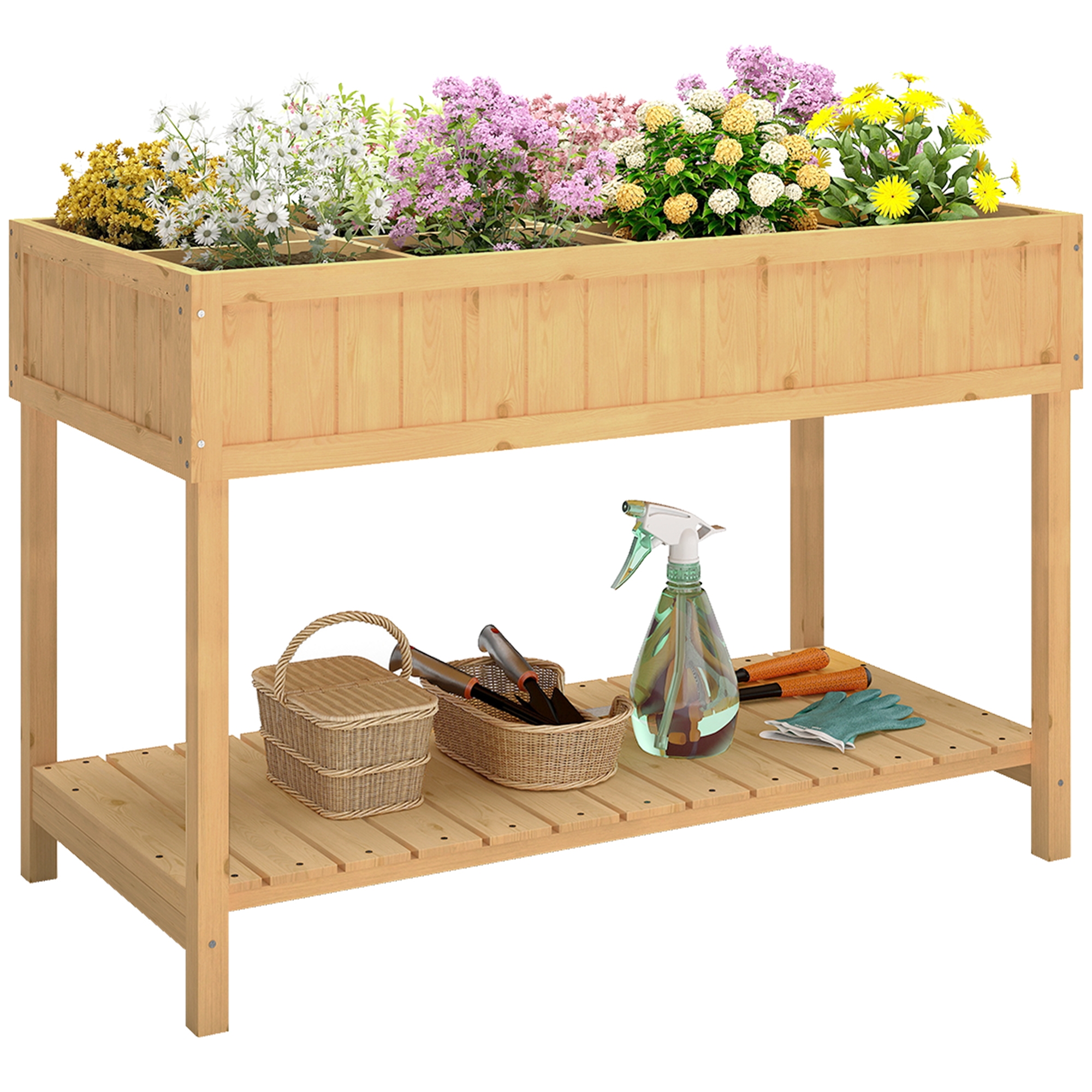 Outsunny Wooden Raised Garden Bed with 8 Slots, Elevated Planter Box Stand with Open Shelf for Limited Garden Space to Grow Herbs, Vegetables