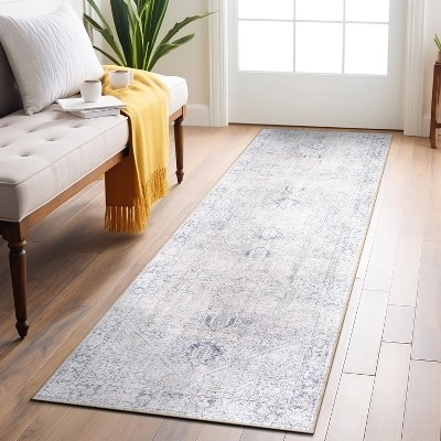 Blue Flat-Woven Medallion Machine-Washable Non-Slip Area Rug