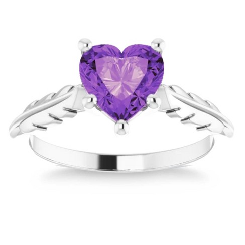 Pompeii3 7mm Amethyst Solitaire Heart Shape Leaf Accent Ring in 14k White or Yellow Gold - image 1 of 4