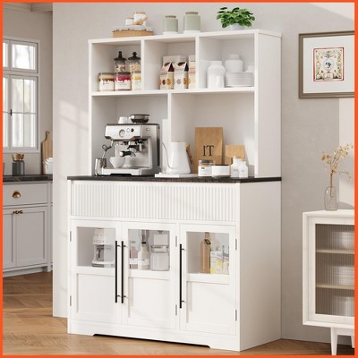 Homhougo 60'' Kitchen Pantry Cabinet, Tall Kitchen Pantry with Glass Doors, Kitchen Storage Cabinet with Drawers Coffee Bar Table Natural+White