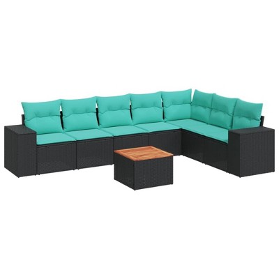 vidaXL 8 Piece Patio Sofa Set with Cushions Black and Blue Poly Rattan