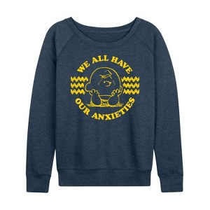 Women's - Peanuts - We All Have Our Anxieties Lightweight French Terry Wide Neck Long Sleeve Shirt - 1 of 4