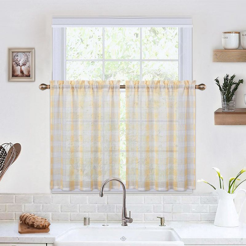 Whizmax Tier Curtains Farmhouse Plaid Check Light Filtering Sheer for Kitchen Window, Set of 2, 1 of 6