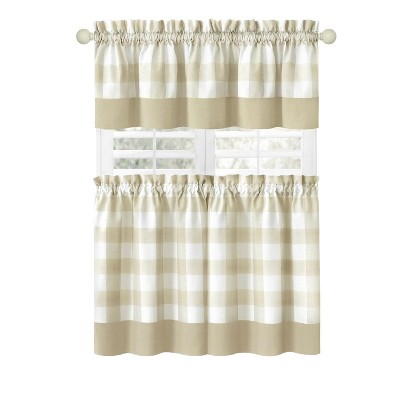Linen Taupe Checkered Kitchen Valance and Tier Set