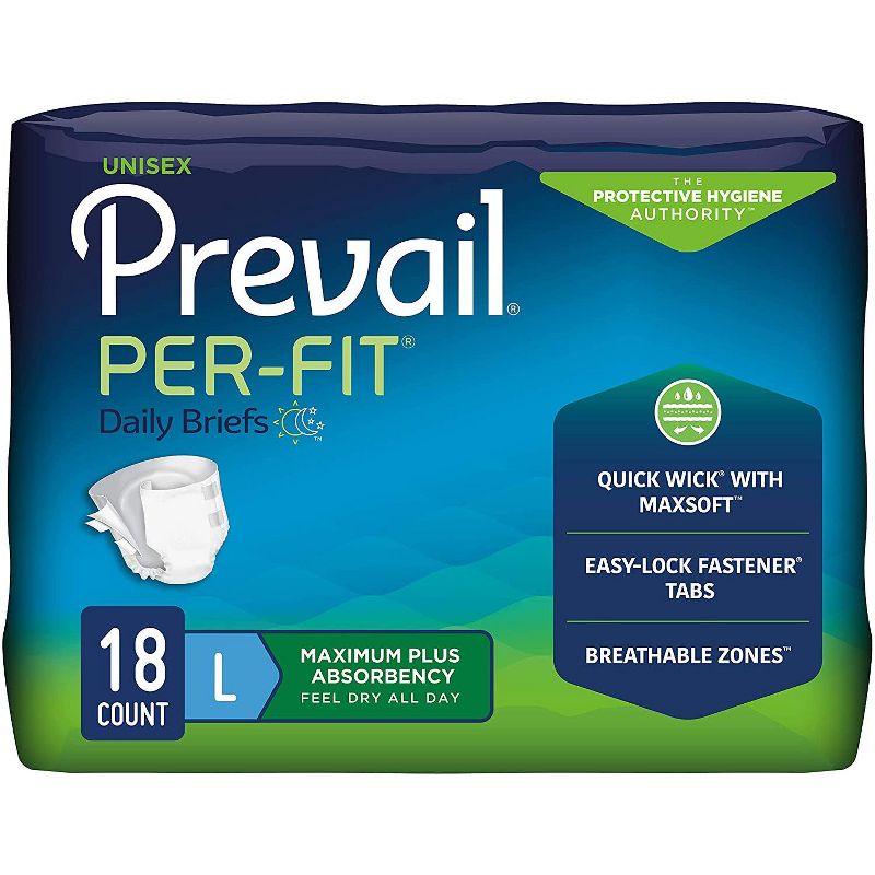 Prevail Per-Fit Unisex Adult Incontinence Briefs, Refastenable Tabs, Maximum Plus Absorbency, 1 of 3