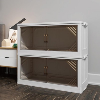 SEVOBAL Decorative Storage Cabinets 2-Pack 35.4’’ Wide Transparent Foldable Storage Bins with Dual Access Doors , Beige, 35.43"*15.75"*6.5"