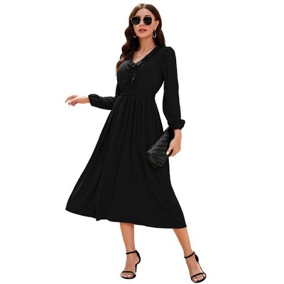 Womens Pleated Party Dress Long Sleeve V Neck Ruffle Elastic Empire Waist Wedding Guest Cocktail Dress
