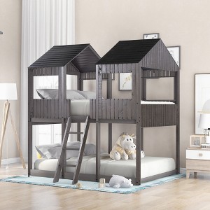 Full Over Full Wooden House Bunk Bed with Roof, Window and Ladder, Sturdy Kids' Bed Frame for Bedroom, White/Antique Gray - ModernLuxe - 1 of 4