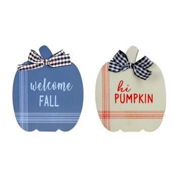 Northlight Set of 2 Blue and Beige Fall Harvest Wooden Pumpkin Welcome Plaques 8"