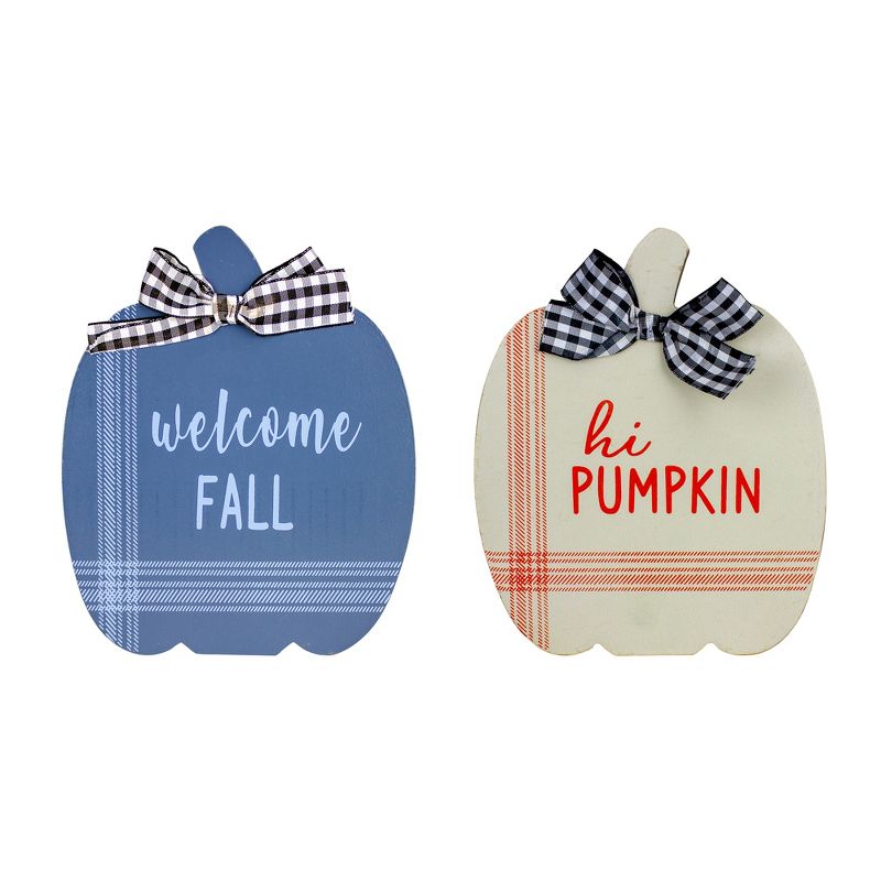 Northlight Set of 2 Blue and Beige Fall Harvest Wooden Pumpkin Welcome Plaques 8", 1 of 7