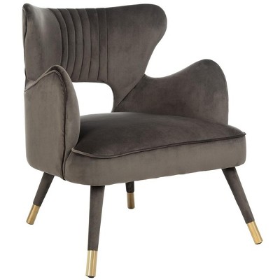 Shale Velvet & Gold-Capped Wood Transitional Accent Chair