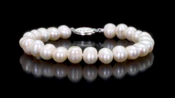 8mm Cultured Freshwater Pearl Strung Bracelet with Fisheye Clasp in Sterling Silver - 7.25&#34; - White, 2 of 4, play video