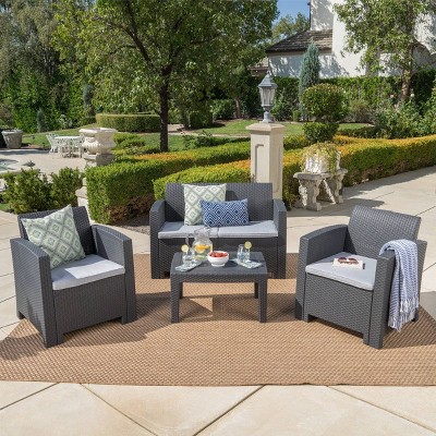 Daytona 4pc Faux Wicker Chat Set - Charcoal - Christopher Knight Home: Rust-Proof, Weather-Resistant Patio Ensemble