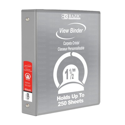 Bazic Products 3-Ring View Binder with 2 Pockets, 1.5", Gray